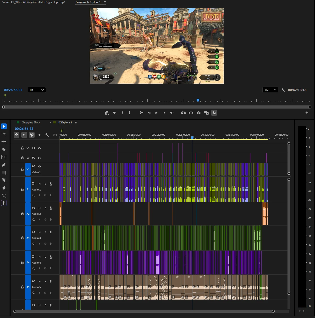 Joe's Premiere Pro timeline for a 42-minute zombies episode: hundreds of cuts across the video track and five layered audio tracks