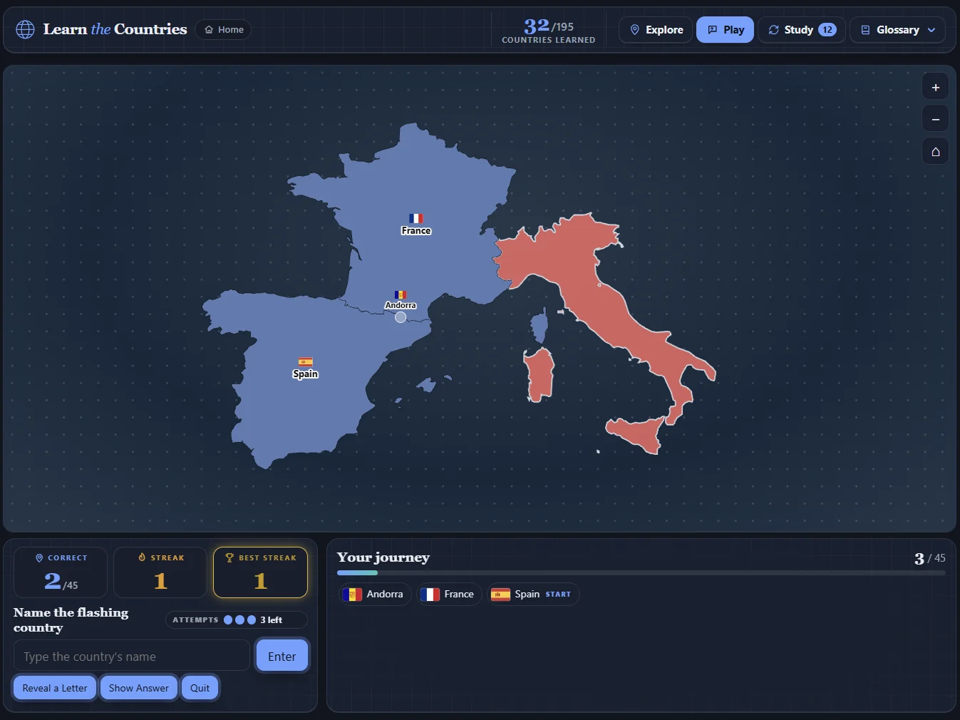 Learn the Countries Play screen: a neighbour quiz that started from Spain, with France and Andorra unlocked and Italy flashing to be named